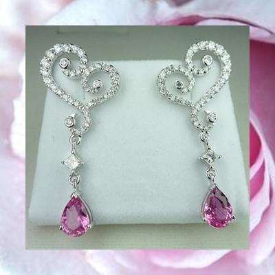 E00025 ต่างหูเพชรห้อยพิ้งค์แซฟไฟร์หยดน้ำ