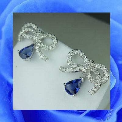 E00026 ต่างหูโบว์เำพชรห้อยไพลินซีลอนหยดน้ำ