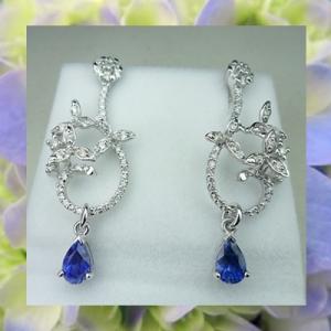 E00014 ต่างหูเพชรดอกไม้ ห้อยไพลินซีลอนหยดน้ำ