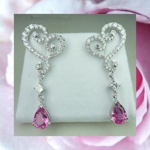 E00025 ต่างหูเพชรห้อยพิ้งค์แซฟไฟร์หยดน้ำ